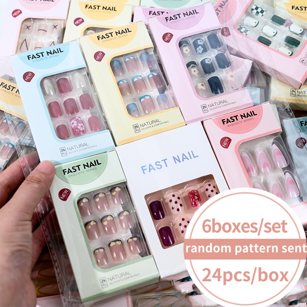 Press On Nail Set - 6 Boîtes/Ensemble Faux Ongles Courts Carrés
