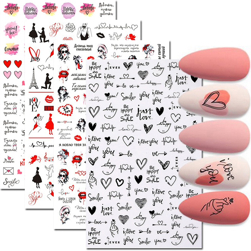 Nail Art Valentines Day - Autocollants pour ongles, lettres de cœurs
