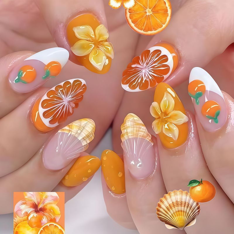 Nail Art Orange - Nouveauté 2026 – 30 faux ongles