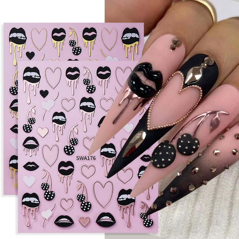 Nail Art Valentines Day - Autocollants pour ongles, lèvres noires, cœur